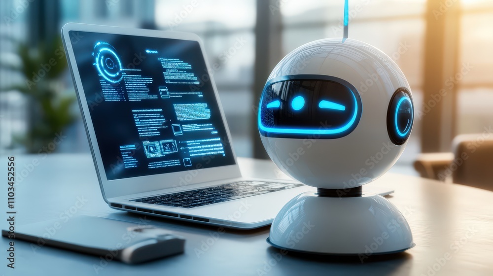 Poster a digital robot generating command prompt responses, illustrating a chatbot's role in customer servi