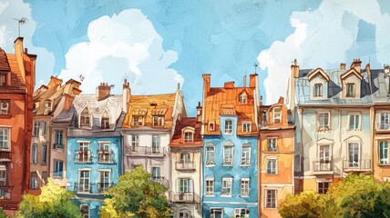 Obraz premium Watercolor Illustration of a Row of Colorful European Buildings