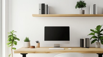 Minimalist workspace with a computer monitor, plants, and books on a shelf.