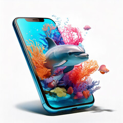 Dolphin jumping out of smartphone: aquarium 3D illustration on white background.