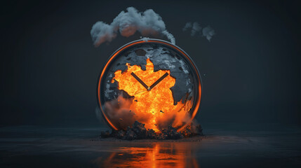 A hyper-realistic depiction of the Doomsday Clock at one minute to midnight. The clock is cracked, glowing faintly with radioactive energy, as smoke and debris swirl around it. 