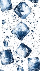 Refreshing, Cool Blue Ice Cubes, Isolated on a Clean White Background, with Water Drops