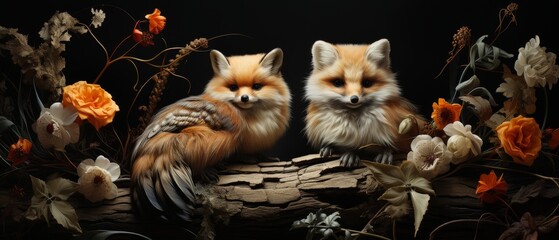 Fototapeta premium Two Adorable Foxes Surrounded by Colorful Blossoms and Foliage