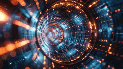 Obraz premium Abstract digital tunnel with glowing lights and intricate patterns.