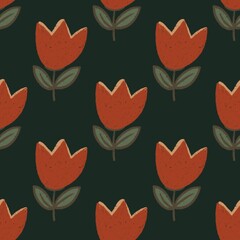 Seamless tulip pattern featuring vibrant orange flowers with green leaves on a dark background, ideal for textiles, wallpapers, and modern decor