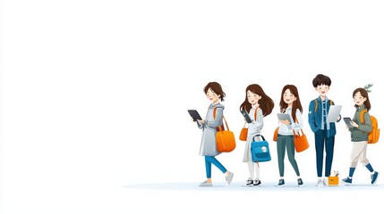 Obraz premium A minimalist vector design showing young Asian professionals on a group video chat, embracing remote work technology during a global crisis, isolated on white.