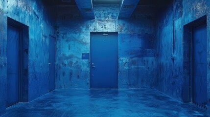 Obraz premium A monochromatic blue corridor featuring multiple doors and textured walls.