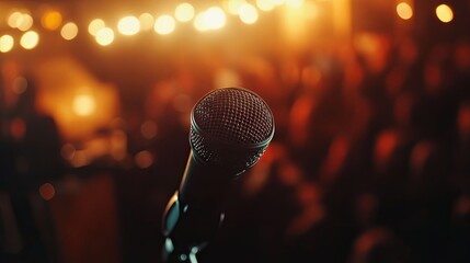 Close-up of a Microphone on Stage with Blurred Crowd in Background