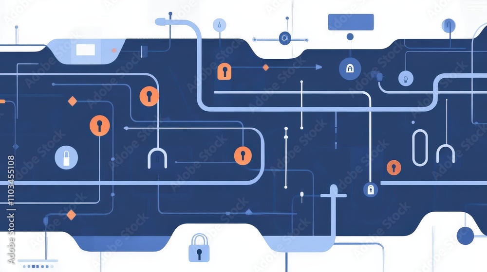 Poster a visual network design showing interconnected pipelines with locks and shields at key points, empha