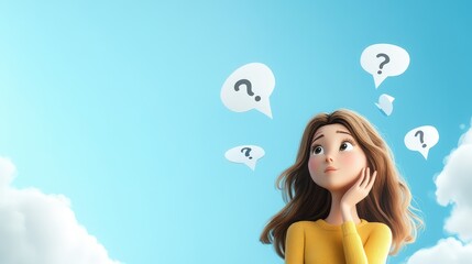 A young woman looking up thoughtfully with question marks and blank speech bubbles floating around her, conveying the concept of curiosity, pondering ideas, and decision-making.