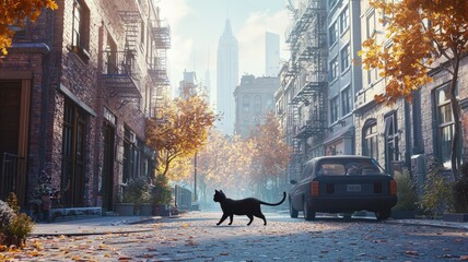 Black Cat Walking Through a City Alley in Autumn
