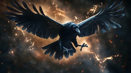Fototapeta premium Ebony Raven Familiar in Supernatural Flight over Dramatic Painterly Landscape