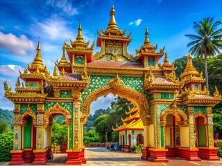 Naklejka premium Captivating Portrait of the Majestic Gate of Entry to the Golden Temple in Bandarban, Chittagong, Bangladesh, Showcasing Intricate Architecture and Lush Surroundings