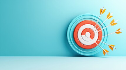 Bull's eye targets on a blue wall with arrows directed towards them, capturing the essence of business growth, target goal development, success, and achievement in a dynamic 3D visual.