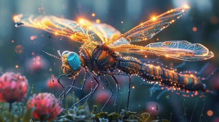 A vibrant dragonfly amidst glowing flowers in a magical, colorful environment.