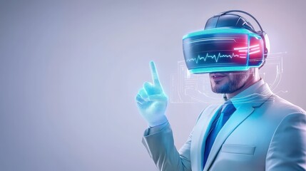Businessman with VR headset, engaging with futuristic profit graphics, illustrating advanced business technology and marketing on a plain white background.