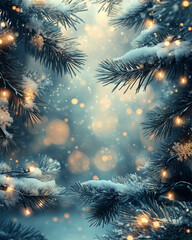 Fototapeta premium Snowy pine branches with glowing Christmas lights