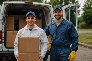 Young and happy male movers in protective suits stand