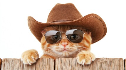 A stylish cat wearing a cowboy hat and sunglasses peeks over a fence, exuding a playful and confident vibe.