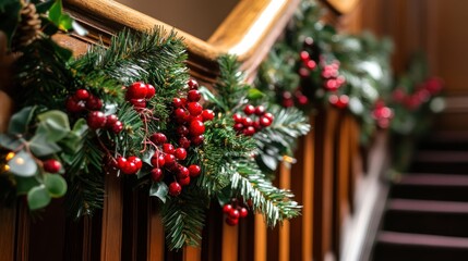 Decorative garland evergreen and artificial berries hanging on the staircase banister