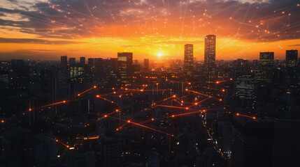 Fototapeta premium Smart digital city with connection cyber security network reciprocity over the cityscape . future smart wireless digital city and social media networking systems that connects people within the city