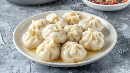 Boiled dumplings on a white plate on gray background. Russian food. Front view, isolated.