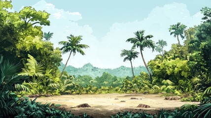 Fototapeta premium Lush Tropical Jungle Clearing with Palm Trees and a Sandy Path