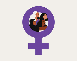 Women and purple female symbol. Women's day greeting poster with Multicultural group of girls stand together. Vector illustration