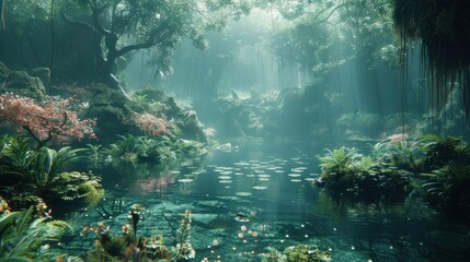 Fototapeta premium A serene forest scene with a tranquil pond, illuminated by soft rays of light.