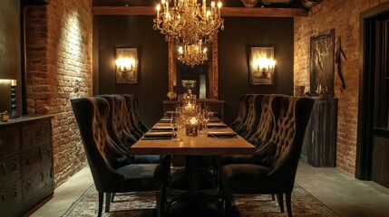 Elegant Dining Room with Brick Walls and Crystal Chandelier