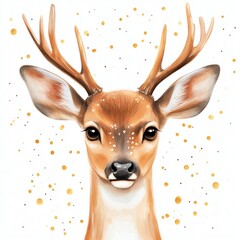 A charming illustration of a deer with antlers, characterized by its expressive eyes and speckled fur, set against a whimsical, dotted background.