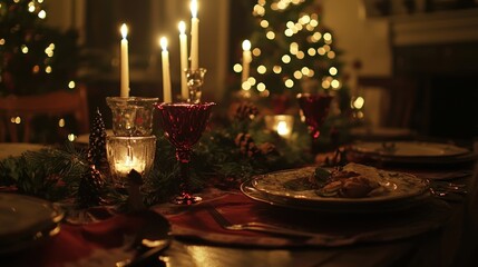 Romantic Christmas Eve Dinner Table Setting Candles Festive Decor