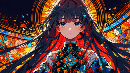 An anime-style girl with vibrant black hair and blue eyes. She is wearing a detailed outfit with a red ribbon, set against a colorful, intricate stained glass background