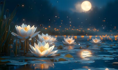 A garden of lilies illuminated by the moon with shimmering musical notes softly radiating and enhancing the tranquil atmosphere