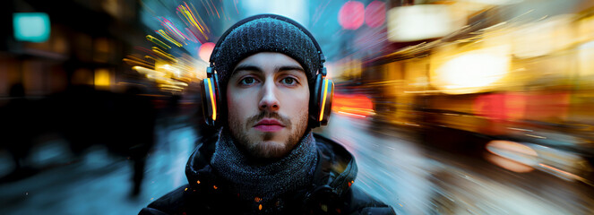 Dynamic Editorial Portrait: 35-Year-Old Man Grooving to Music with Motion Blur Enhancement