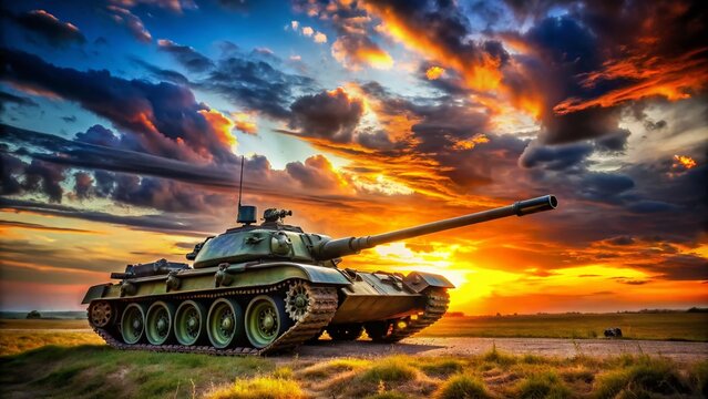 Captivating Silhouette of a T55 Tank Against a Sunset Sky with Dramatic Colors and Textures, Perfect for Military and Historical Themes in Photography Stock Collections