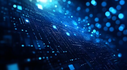 Blue digital background with bright light patterns and pixelated shapes. This dynamic design creates energy and vitality. Concept of approval, success and technology.