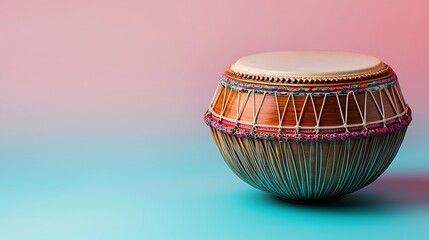 Ornate Wooden Drum on a Pastel Pink and Teal Background