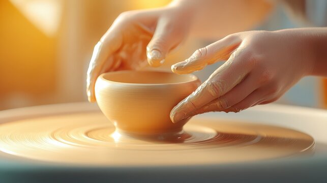 Potter hands carefully molding soft clay on the wheel in a pottery workshop. Craftsmanship in a master class focused on ceramic art and creativity.