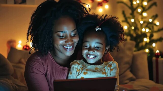 A woman and a child are sitting on a bed and looking at a tablet