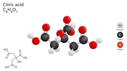Molecule of Citric Acid. E330 Food additive. Organic weak acid. Molecular formula: C6H8O7. 3D model. Ball and sticks. White background. 3D illustration