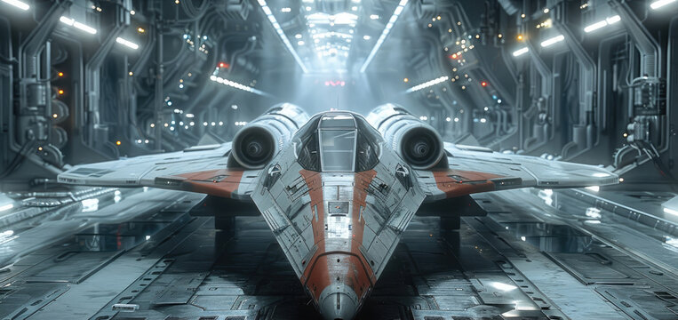 A fierce, fast star fighter ready to be boarded in the hangar bay of its mother ship.
