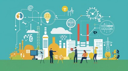 A colorful illustration depicting a group of people working together in a futuristic cityscape.