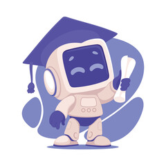 Robot Character in Graduation Hat as Smart Android Assistant Machine Vector Illustration