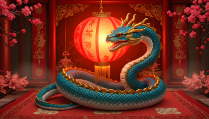 Fototapeta premium Digital illustration of a majestic snake coiled around a glowing red lantern, intricate scales with gold accents, surrounded by traditional Chinese patterns and cherry blossoms