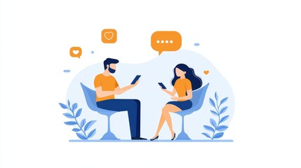 Obraz premium Young people talking with speech bubbles, smartphone in hand, girl listening, flat vector design for communication and discussion concept for websites or landing pages.