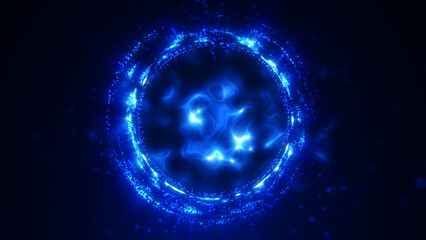 Blue plasma bright glowing energy orb on a fantasy background of space. Sphere of magic particle flow with bokeh effect. Sci fi digital technology liquid waveform screensaver.