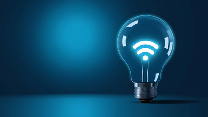 Light Bulb with Glowing Wi-Fi Symbol, Wi-Fi symbol, wireless technology, blue gradient background. Light bulb with wifi symbol is glowing on blue background