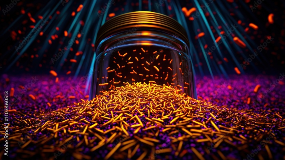 Poster Vibrant particles erupting from jar abstract display dark environment close-up view
