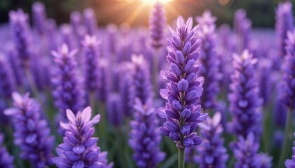 Lavender flowers in a blooming field at sunset